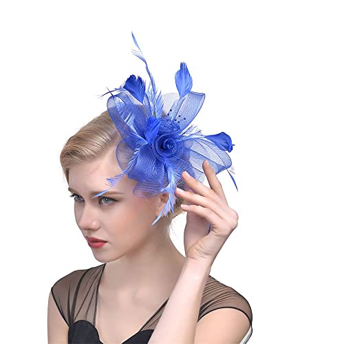 Generic Fascinators Cappello a cilindro per matrimonio con Alice con fiore in rete, per capelli, copricapo, piuma, fascia per capelli con piume (blu)