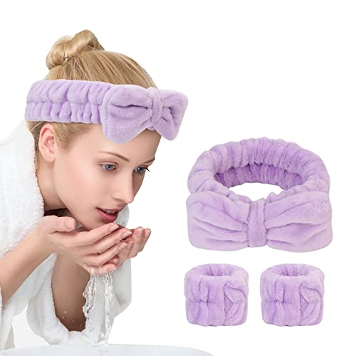 UNIMEIX 3 Pack  and Wrist Washband Face Wash Set,Reusable Soft Makeup Headband Fleece Skincare Headband for Washing Face Shower (Narrow Purple)