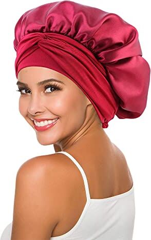 RUGUOA Rosso Cuffia Notte Seta Cuffia Capelli Ricci Notte Berretto da Notte Raso Grande Cuffia da Notte Dormire Cappello con Elastico a Banda Larga per Donne Ragazza Capelli Ricci Cura,Protezione dei Capelli