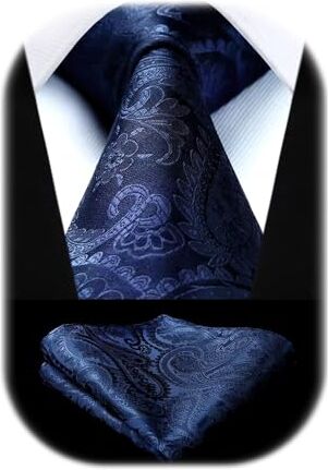 HISDERN Cravatta Uomo e Fazzoletto Elegante Cravatta Blu Navy Paisley Set Cravatte Seta con Pochette per Matrimonio Festa Lavoro