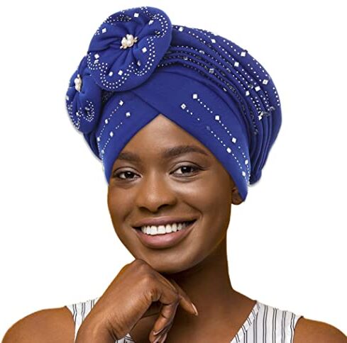 IYOU Berretto Beanie Wrap Testa Blu Scuro Strass Testa Sciarpa Fiore Perle Testa Torta Turbante per Donne Ragazze