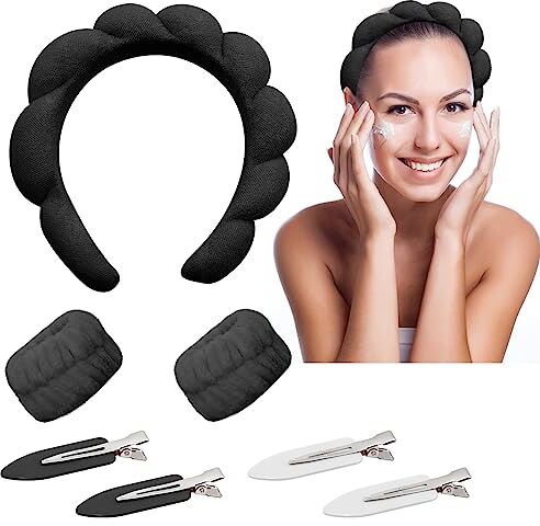 Yeria 1 Fascia Capelli Donna,Cerchietto Capelli in Spugna Trucchi Donna,2 Polsino in Pile Fascia del Polso,Accessori per Capelli per la cura Della Pelle, il Lavaggio e la Doccia,Con 4 Fermagli Capelli(Nero)