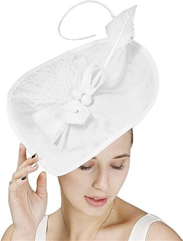 GIBZ Fascinator per Capelli Tesa Larga da Donna Elegante Fascia Tea Party Cappello con Copricapo da Sposa in Piuma a Rete, Bianco