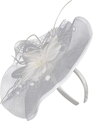 YPOSPDD Fascinators Hat Tea Party Copricapo Nastri Piume su una fascia e una fascia rosa Foulard for capelli grigi (Color : White_One Size)