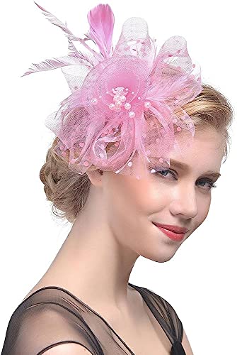 QUNINE Fascinators in rete per le donne Cappello da tè per feste Cappelli Fiore Maglia di piume Fascia per capelli Festa nuziale Fascia per fiori di piume bianche (Colore : Khaki, Taglia : One Size) (Rosa