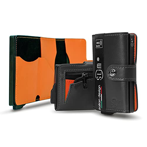 SLim Porta Carte di Credito Schermato Portafoglio Uomo Rfid Portatessere Anticlonazione Donna Portacarte Uomo (Nero e Arancio, Con Zip)