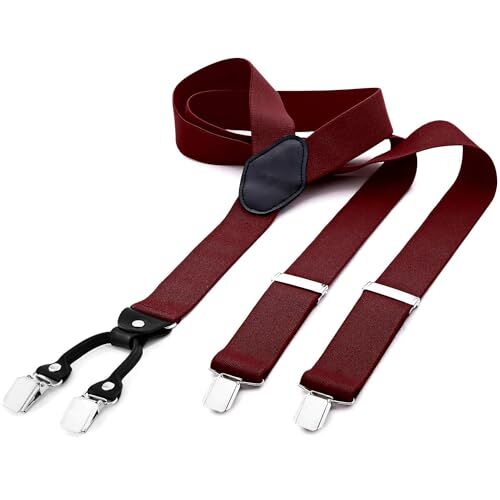 DonDon Bretelle uomo larghe 4 clips in pelle a y elastiche e regolabili, Rosso bordeaux