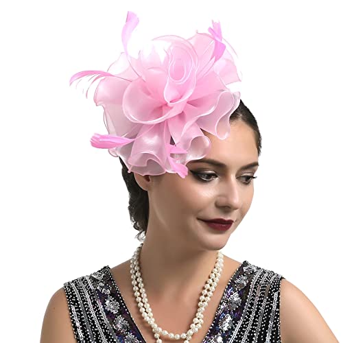 Generic Cerchietto per capelli da donna, con fiore e piume, in rete, per matrimoni, cocktail, tea party, in acciaio (rosa, taglia unica)