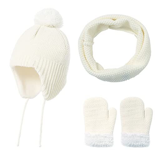 Camidy Toddler Hat Scarf Gloves Set for Boys Girls Winter Warm Fleece Lined Knit Hat with Earflaps Neck Warmer Medium