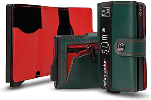 SLim Porta Carte di Credito Schermato Portafoglio Uomo Rfid Portatessere Anticlonazione Donna Portacarte Uomo (Verde e Rosso, Con Zip)