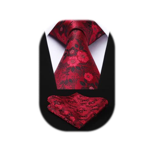 HISDERN Cravatte floreali rosse per uomo Fazzoletto da sposa Set cravatta floreale e fazzoletto da taschino