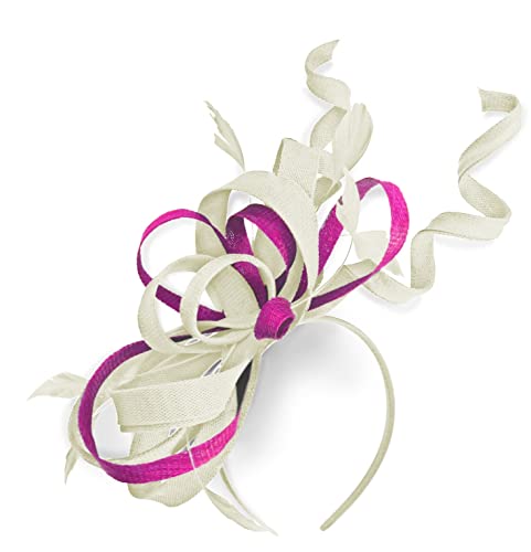 Caprilite Mix Swirl Fascinator cappello su fascia per matrimonio Ascot Races su misura Sinamay per donne (crema avorio e fucsia rosa)