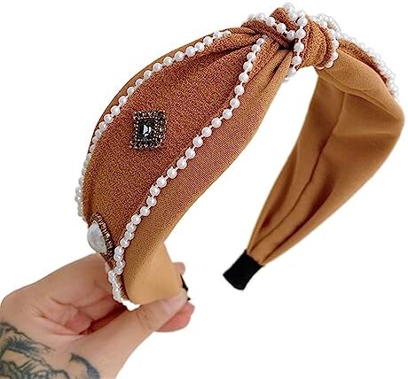 MOIKEN Forcine Capelli Donna Wide-brimmed Diamond-studded Pearl Headband Fashion Hair Accessories Trendy Casual Hairband Hair Band (Color : Caramel)