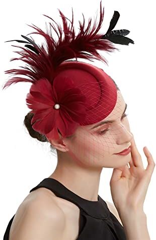 Youllyuu Cappello da sposa con motivo floreale in piuma con velo e fascia da sposa con clip per tea party derby copricapo