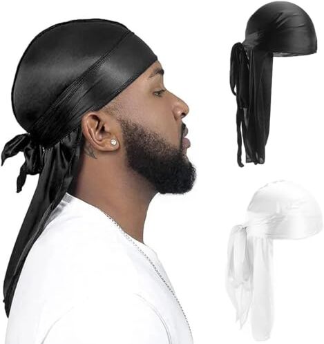 CISKHQR 2 Pezzi Silky Durag Cappello da Uomo Soft Pirate Durag, Cappuccio Elastico Waves Unisex con Code Lunghe e Cinghie Larghe Cappello Durag Pirate Hat Traspirante per Donna Uomo