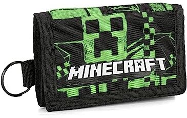 PANINI MINECRAFT Portafoglio e Portamonete 3 Ante, Unisex Bambini E Ragazzi, Anella Portachiavi e Porta Monete con Chiusura ZIP, Verde, cm 13,5x9,5h