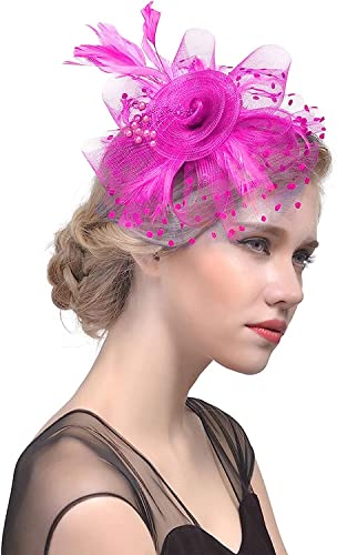 QUNINE Cappello Fascinator in rete per donna Fiore Maglia Piume Fermaglio per capelli Tea Party Matrimonio Cocktail Festa di nozze Cappello verde Fascia per capelli (Colore : Beige, Taglia : One Size) (Hot