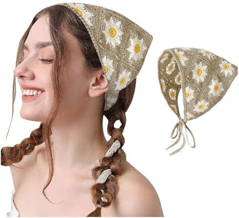 Generic Fasce per capelli da donna in maglia, con margherite, bandane per capelli, vintage, hippie, cravatta, foulard, accessori per capelli bohémien, Bcr452 (kaki, taglia unica)