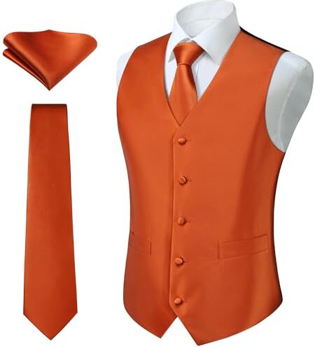 HISDERN Gilet da Uomo Elegante Arancione Tinta Unita Gilets e Cravatta e Fazzoletto da Taschino Set Classico Panciotto Uomo Vestito 2XL