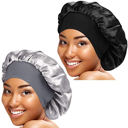 Lonnalee 2 Pezzi Berretto da Notte Raso, Seta Cuffia per Capelli con Elastico a Banda Larga, Cuffie doccia Copricapo in Raso, Dormire Cappello per Donne Ragazza Capelli Ricci Cura (Nero, Grigio)