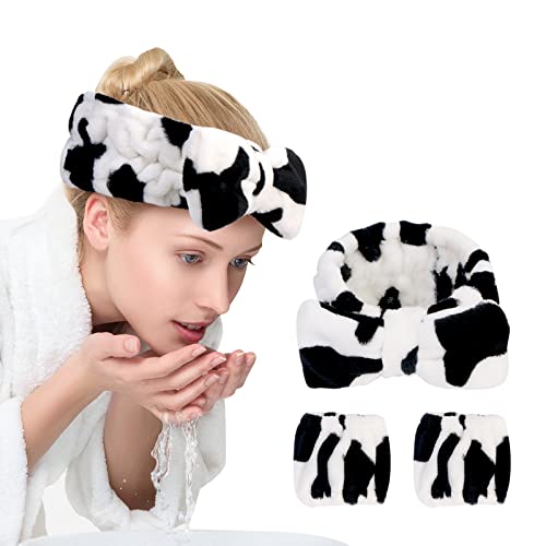 UNIMEIX 3 Pack  and Wrist Washband Face Wash Set,Reusable Soft Makeup Headband Fleece Skincare Headband for Washing Face Shower (Loose Cow)