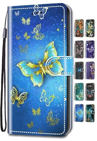 UCool Custodia Cover iPhone XR Caso Flip Portafoglio a Libro Pelle PU Belle 3D Disegni Bumper Protettiva Antiurto （Farfalla Blu Dorata）