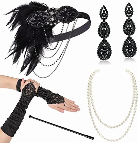 Youllyuu 1920S Flapper Dress Accessori Retro Fascia Della Perla Collana Guanti In Plastica Supporto Per Matrimonio