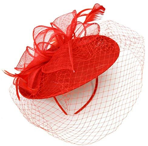 Caprilite Piattino Sinamay Fascia Fascinator Wedding Ascot Cappello Hatinator Birdcage Velo Rosso Etichettalia unica