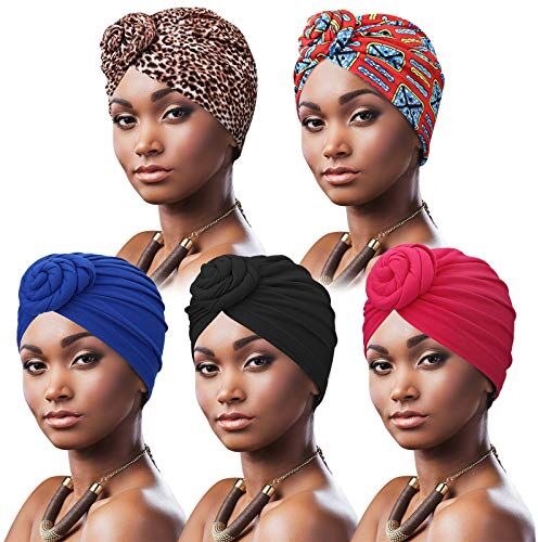 DRESHOW 5 Pezzi Donne Africana Turbante Sciarpa Avvolge Testa Boho Turbante Elastico Annodato Berretto Pre-annodato Berretto Chemio Cappello