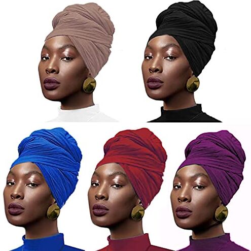 MOFASVIGI 5 Pezzi Stretch Jersey Turbante Testa Wrap Knit Headwraps Urban Capelli Sciarpa Tinta unita Ultra Soft Extra Lunga Traspirante Fascia Testa Cravatta per le Donne