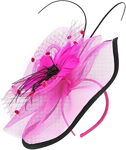 QUNINE Cappello da fascinator in rete Copricapo da tè Nastri Fascia per capelli Feathea e fascia per capelli a forma di rosa Fascia per capelli grigia (Colore: Bianco, Taglia: Taglia unica) (Rosa calda Tag