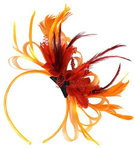 Caprilite Cerchietto per capelli arancione e rosso con piume, cerchietto per capelli, per matrimoni e corse Royal Ascot