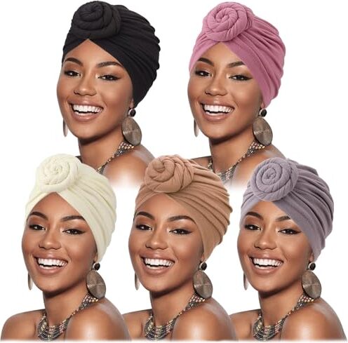 DRESHOW 5 Pezzi Donne Africana Turbante Sciarpa Avvolge Testa Boho Turbante Elastico Annodato Berretto Pre-annodato Berretto Chemio Cappello