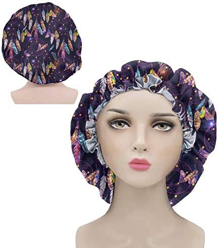 chaqlin Cappellino da donna in raso con stampa di piume, a doppio strato, per dormire, con fascia elastica per capelli ricci