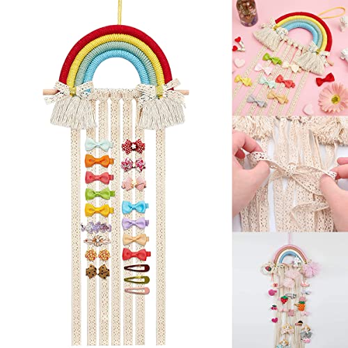 Barrageon Porta Fermagli per Fiocchi Capelli Ragazze Appeso a Parete Arcobaleno Tessuto a Mano Nappe Fascia Hair Bow Accessori Organizer Casa Attaccatura Boho Decorazione （Arcobaleno A9）