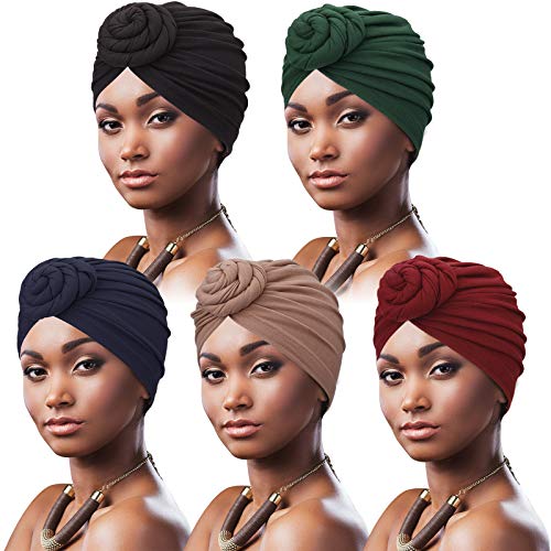 DRESHOW 5 Pezzi Donne Africana Turbante Sciarpa Avvolge Testa Boho Turbante Elastico Annodato Berretto Pre-annodato Berretto Chemio Cappello