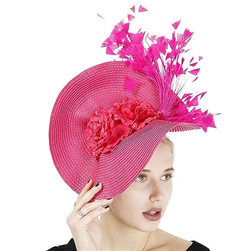 GIBZ Fascinator per Capelli di Paglia a Tesa Larga Floreale Fascia per Tea Party Cappello Copricapo con Piuma per Donna, ROSEO