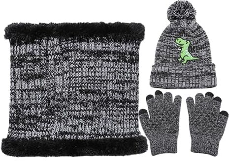 CENMOO Set Guanti Scaldacollo Cappello Invernale, Scaldacollo Invernale 7,08 Pollici, Guanti Sciarpa Lavorata A Maglia Con Simpatica Stampa Di Dinosauro, Set Invernali Staccabili, Set Guanti Scaldacollo Capp