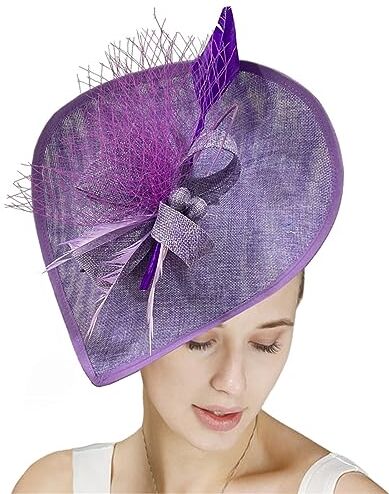 GIBZ Fascinator per Capelli Tesa Larga da Donna Elegante Fascia Tea Party Cappello con Copricapo da Sposa in Piuma a Rete, Viola