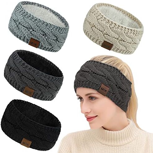 Baiyouli 4 Pezzi Fascia Capelli Donna Invernale Turbante Caldo a Maglia Fodera in Pile Elastica Cerchietto per Capelli Accessori Cerchietti per Donna Ragazze