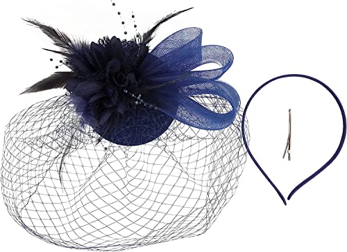 QUNINE Fascinator in rete Fermacapelli Cappello Bombetta Piuma Fiore Velo Cappello da festa nuziale Cappello da tè Clip Fiore blu Fascia da tè (Colore : Schwarz, Taglia : One Size) (Navy One Size)