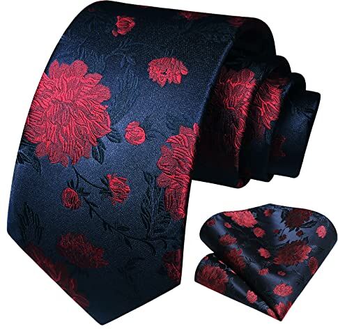 HISDERN Cravatte Rosso & blu Uomo Eleganti Cravatta Floral e Fazzoletto Matrimonio Business Set Cravatta Sposo Festa