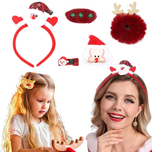 Evlry Edary Set di 5 fermagli per capelli natalizi con Babbo Natale e renna, set regalo per bambini e adulti (rosso