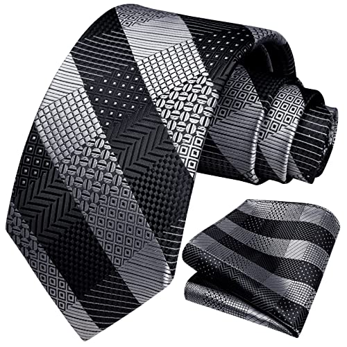 HISDERN Controllare Matrimonio Plaid Cravatta Fazzoletto Da Uomo Cravatta Pocket Square Set Per Affari Formali, E-Nero / Grigio, Taglia unica