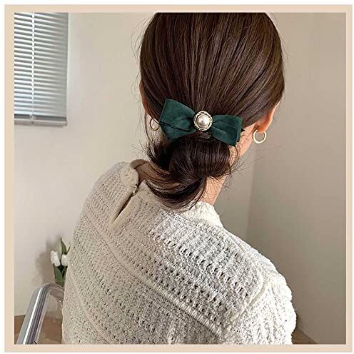 Inilbran Vintage Raso Fiocco Capelli Barrettes Verde Velluto Raso Fiocco Capelli Clip Inverno Nastro Fiocco Fermacapelli Francese Perla Bowknot Fermaglio Capelli Decorativi Accessori Per Capelli Per