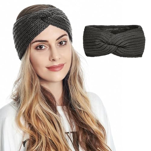 ELicna Women's Winter Warm Headband Fuzzy Fleece Lined Thick Knitted Ear Muffs Fashion Criss Cross Knotted Ear Warmers(Black)
