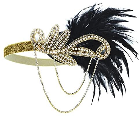 Prosy 1920's Masquerade Feather Headbands Ball Belt Hair Clips Note musicali Crystal Wearing Gatsby Prom Party 20s Headdress per le donne e le ragazze (Oro)