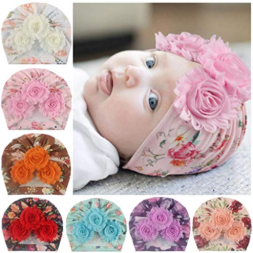 JasCherry Poliestere 5 Colori/Set Beanie Stampato per Bambini Fascia Elastica Fiori Decorativi e Perline Fascia Morbida per Ragazze Copricapo Carino e Accessori per Capelli per Bambini