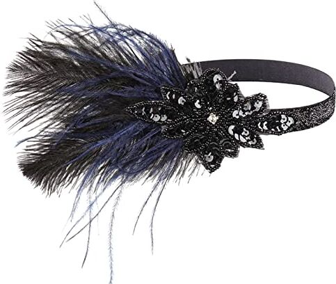 Generic Fascia per capelli blu da donna set invernale da donna anni '20 con flapper fascia nera con piuma, copricapo con strass, accessorio per cocktail da donna, fascia invernale da donna, colore nero,