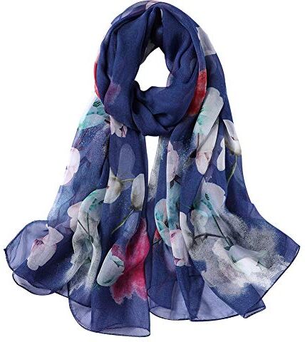 STORY OF SHANGHAI Sciarpa di 100% Seta da Donna Foulard Chiffon con Fantasie Orientale Semi-Trasparente, Tulipani su blu scuro